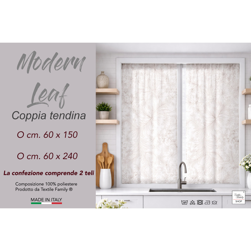 Un par de cortinas de cristal semitransparentes modernas color beige en Bouclè, con túnel en el frente – 2 cortinas Made in Ital