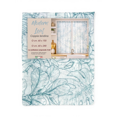 Paire de rideaux modernes en verre semi-transparent bleu feuille en Bouclè avec un tunnel pour l’avant – 2 rideaux fabriqués en 