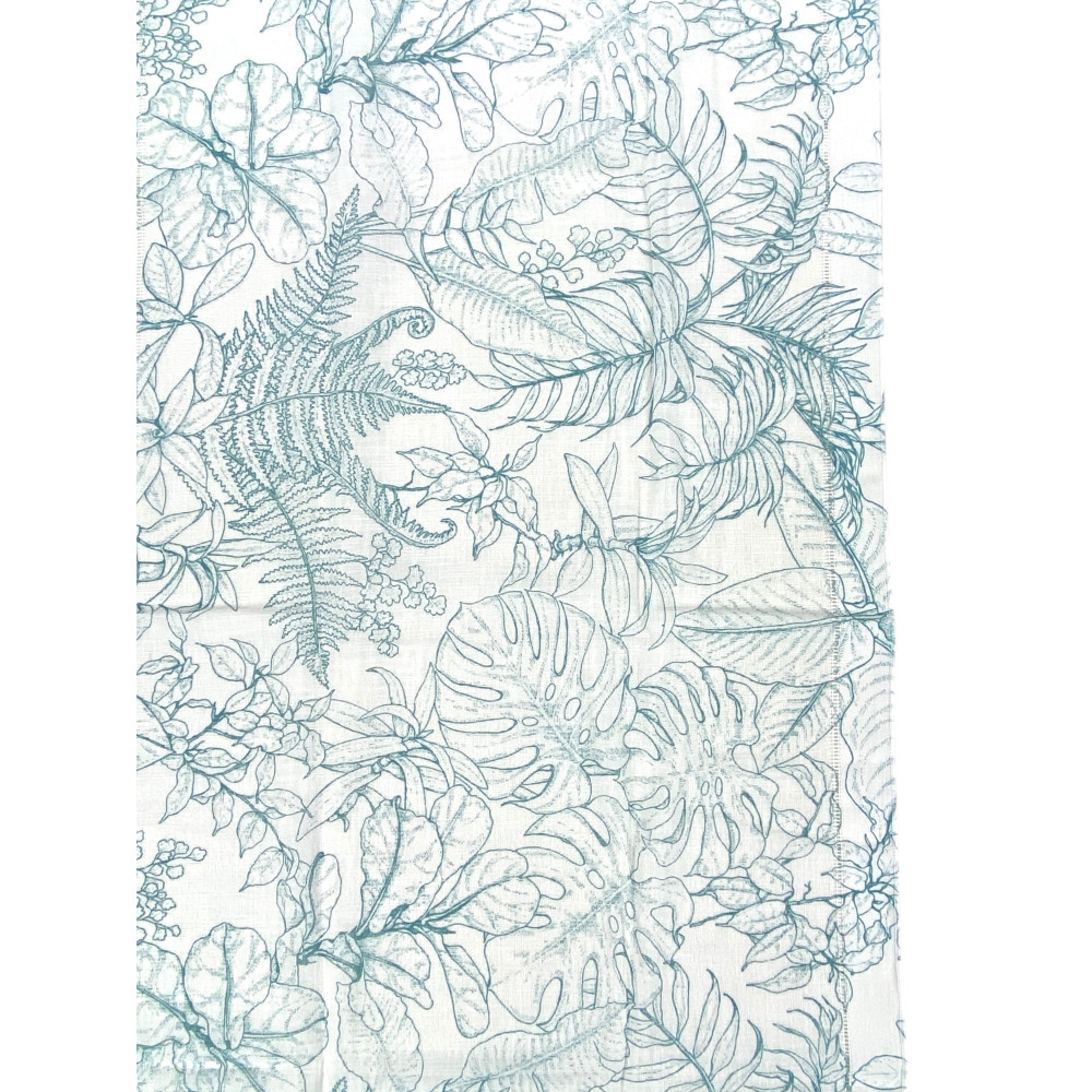 Pair of Modern Leaf Blue Semi-transparent Glass Curtains in Bouclè with Tunnel for Fore-end – 2 Made in Italy Curtains