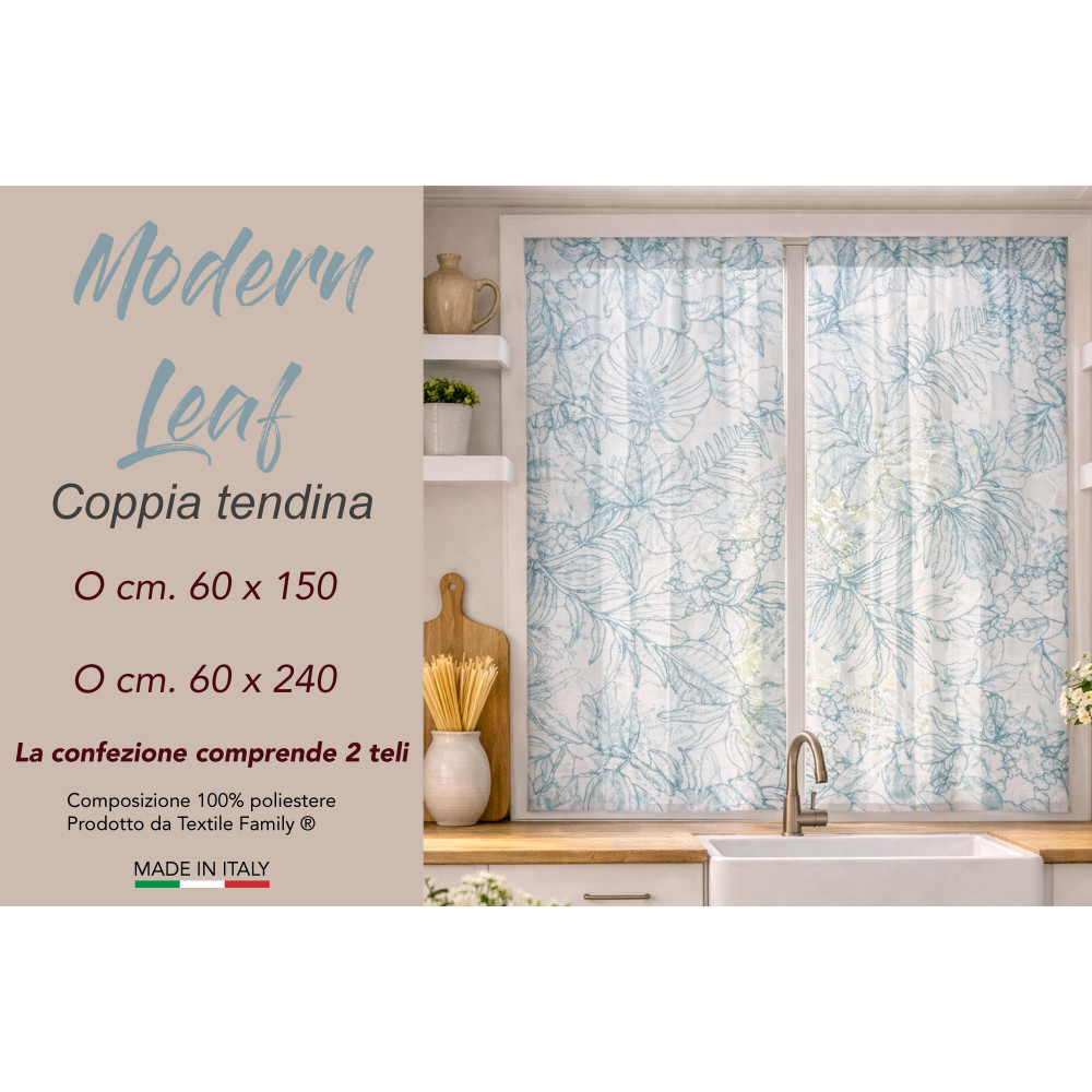 Coppia Tendine a Vetro Modern Leaf Blu Semitrasparenti in Bouclè con Tunnel per Astina – 2 Teli Made in Italy