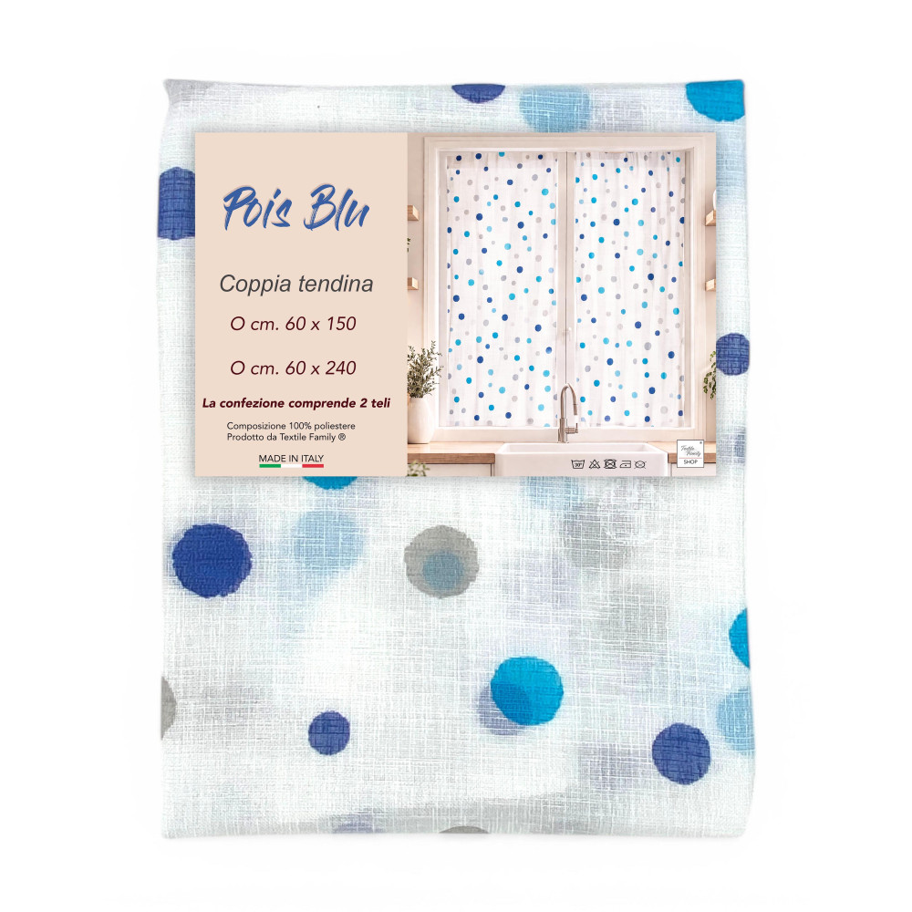 Pair of Glass Curtains Semi-transparent Blue Polka Dots in Bouclè with Tunnel for Fore-end – 2 Towels Made in Italy