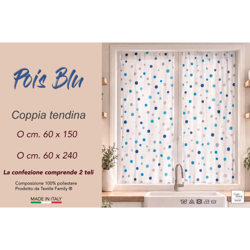 Paar Glasvorhänge Halbtransparente blaue Polka-Dots in Bouclè mit Tunnel als Vorderteil – 2 in Italien hergestellte Handtücher