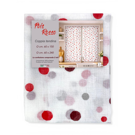 Paire de rideaux en verre semi-transparent à pois rouges en Bouclè avec un tunnel pour l’avant – 2 feuilles fabriquées en Italie