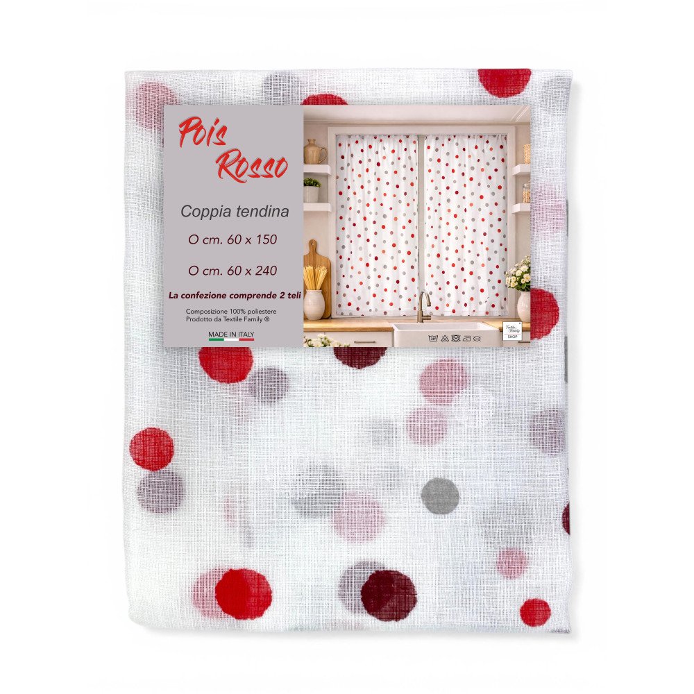 Paire de rideaux en verre semi-transparent à pois rouges en Bouclè avec un tunnel pour l’avant – 2 feuilles fabriquées en Italie