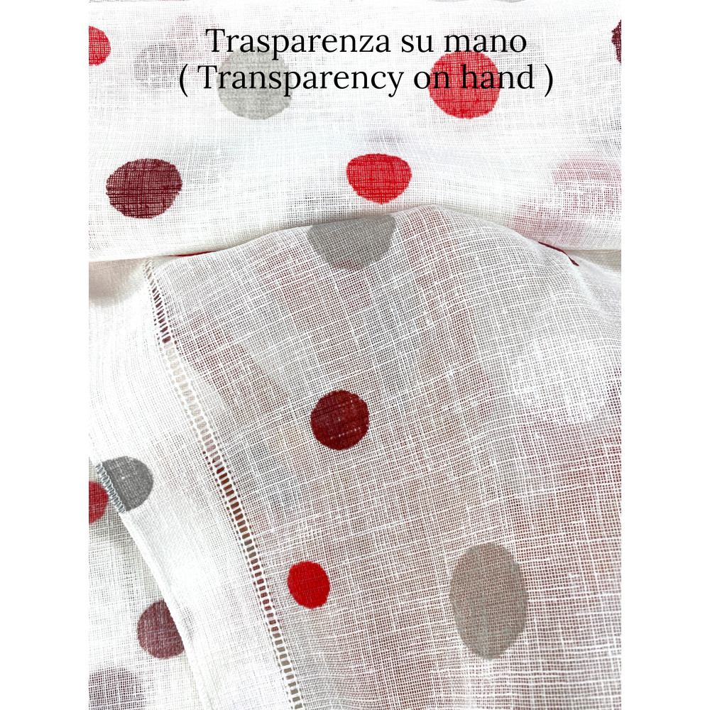 Paire de rideaux en verre semi-transparent à pois rouges en Bouclè avec un tunnel pour l’avant – 2 feuilles fabriquées en Italie