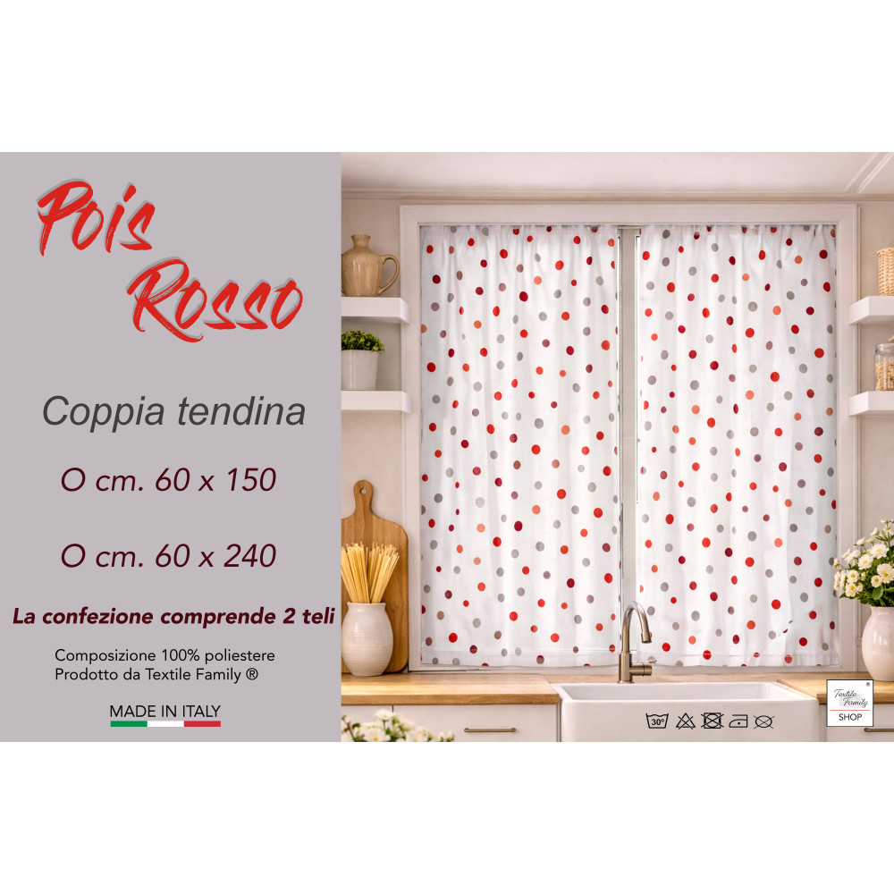 Pair of Semi-transparent Red Polka Dot Glass Curtains in Bouclè with Tunnel for Fore-end – 2 Made in Italy Sheets