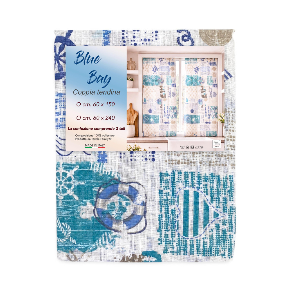 Paar halbtransparente bay-blaue Glasvorhänge in Bouclè mit Tunnel für den Peilstab – 2 in Italien hergestellte Platten
