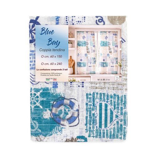 Coppia Tendine a Vetro Blu Bay Semitrasparenti in Bouclè con Tunnel per Astina – 2 Teli Made in Italy