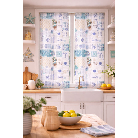 Paire de rideaux en verre bleu baie semi-transparents en bouclè avec tunnel pour la jauge – 2 feuilles fabriquées en Italie