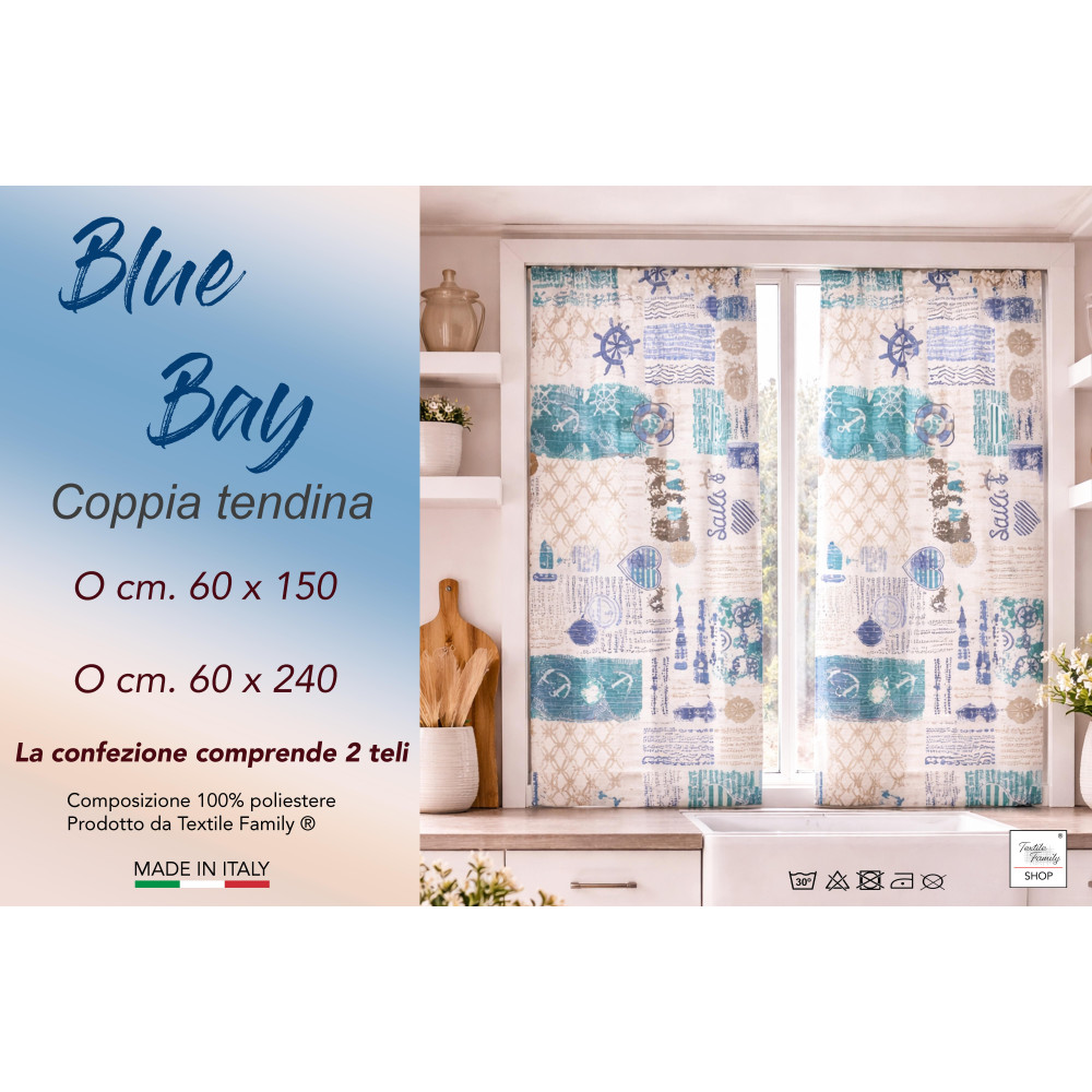 Pair of Semi-transparent Bay Blue Glass Curtains in Bouclè with Tunnel for Dipstick – 2 Made in Italy Sheets