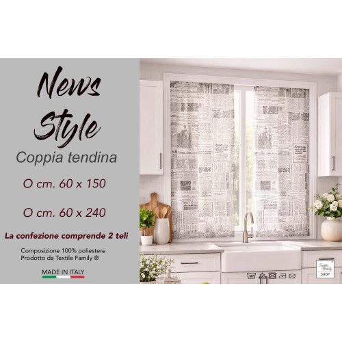 Un par de cortinas de cristal estilo noticias semitransparentes en bouclè con túnel para el frente – 2 hojas fabricadas en Itali