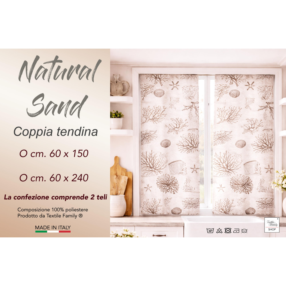 Coppia Tendine a Vetro Natural Sand Semitrasparenti in Bouclè con Tunnel per Astina – 2 Teli Made in Italy