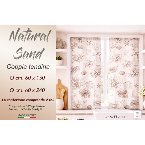 Coppia Tendine a Vetro Natural Sand Semitrasparenti in Bouclè con Tunnel per Astina – 2 Teli Made in Italy