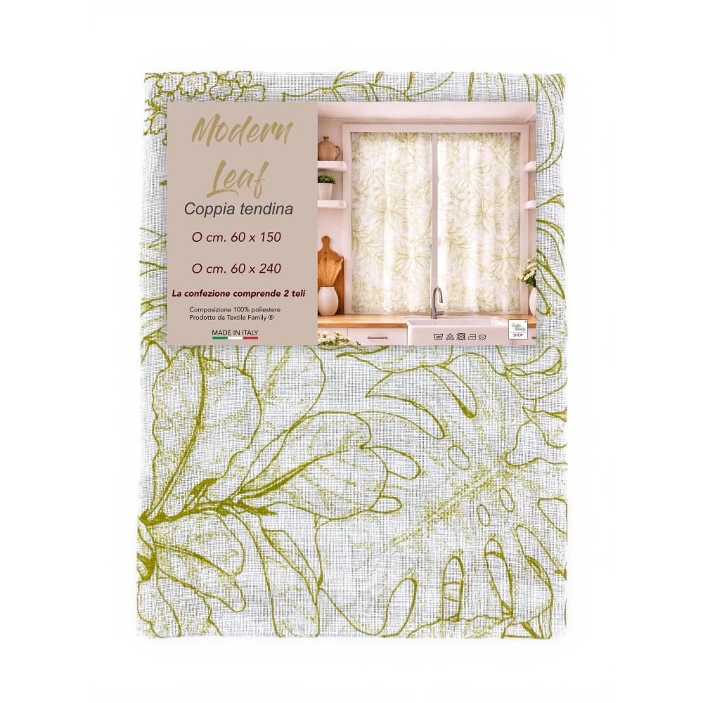 Pair of Modern Leaf Green Semi-transparent Glass Curtains in Bouclè with Tunnel for Fore-end – 2 Made in Italy Curtains