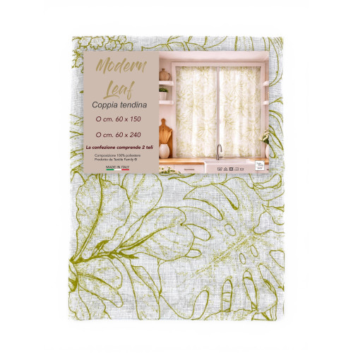 Pair of Modern Leaf Green Semi-transparent Glass Curtains in Bouclè with Tunnel for Fore-end – 2 Made in Italy Curtains