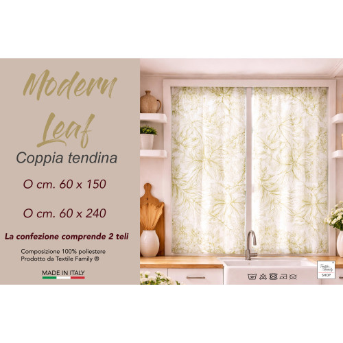 Pair of Modern Leaf Green Semi-transparent Glass Curtains in Bouclè with Tunnel for Fore-end – 2 Made in Italy Curtains