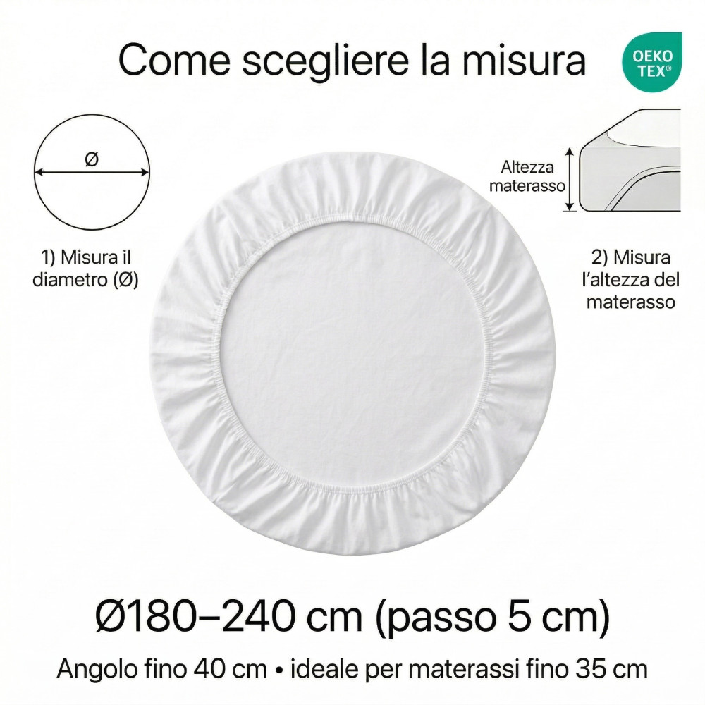 Tex Family Drap rond bas 100 % coton fait sur mesure – Élastique rond à 360° – Ø180–240 cm – matelas jusqu’à 35 cm