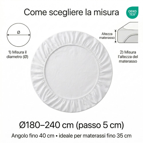 Tex Family Sábana redonda inferior 100% algodón hecha a medida – Elástico redondo de 360° – Ø180–240 cm – Colchón de hasta 35 cm