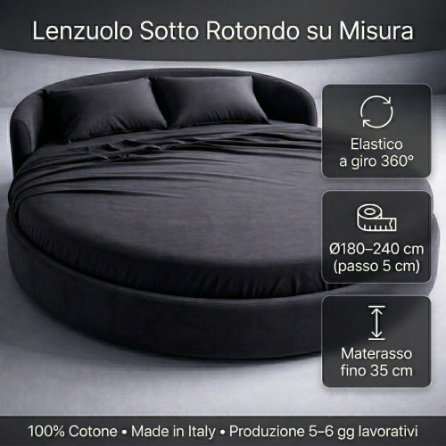 Tex Family Lenzuolo Sotto Rotondo su Misura 100% Cotone – Elastico a Giro 360° – Ø180–240 cm – Materasso fino 35 cm