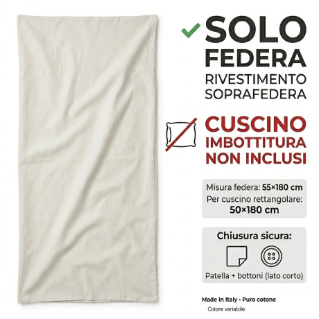 Federa per Cuscino Gravidanza 55x180 cm in Puro Cotone Tinta Unita con Patella Pregnancy 1.8 - Solo Rivestimento, Made in Italy