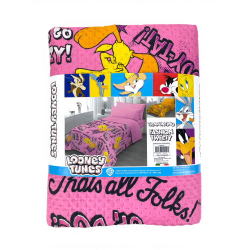 Couvre-lit simple pour enfants 170x250 Tweety Pink Looney Tunes – Courtepointe légère 80 g/m² en microfibre, fabriquée en Italie