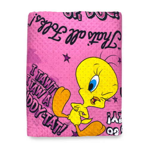 Children's Single Bedspread 170x250 Tweety Pink Looney Tunes – Lightweight Quilt 80 g/m² in Microfiber, Made in Italy