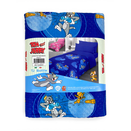 Colcha individual infantil 170x250 Tom and Jerry Blue "TJ Bottle" – Colcha ligera de microfibra 80 g/m², fabricada en Italia