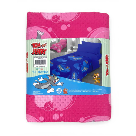 Couvre-lit simple pour enfants 170x250 Tom and Jerry rose « TJ Bottle » – Courtepointe légère 80 g/m² en microfibre, fabriquée e