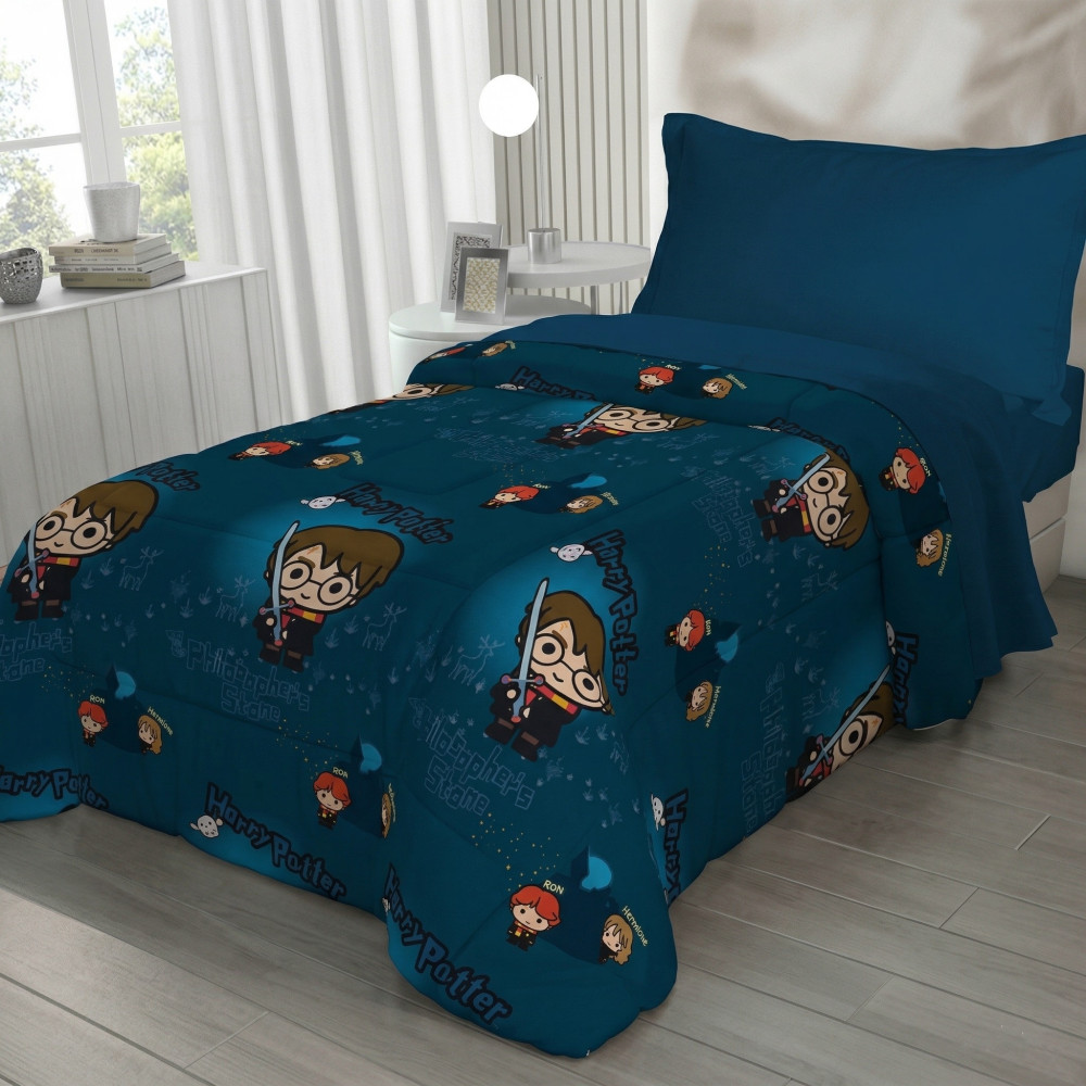 Harry Potter Single Bedspread for Kids 170x250 Blue – Light Quilt 80 g/m² in Microfiber, Made in Italy