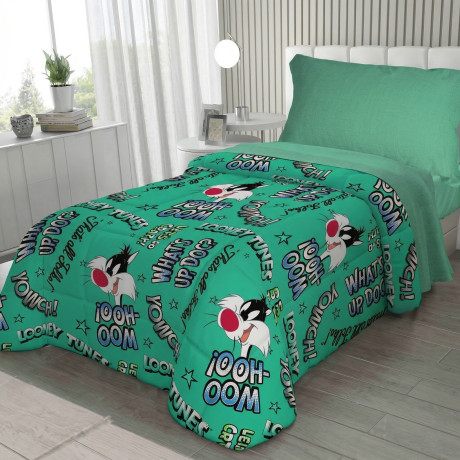Copriletto Singolo Bambini 170x250 Gatto Silvestro Verde Looney Tunes – Trapuntino Leggero 80 g/m², Made in Italy
