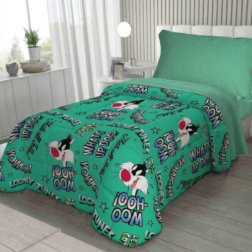 Colcha individual infantil 170x250 Green Sylvester Cat Looney Tunes – Edredón ligero 80 g/m², fabricado en Italia