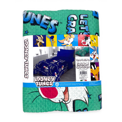 Children's Single Bedspread 170x250 Green Sylvester Cat Looney Tunes – Light Quilt 80 g/m², Made in Italy