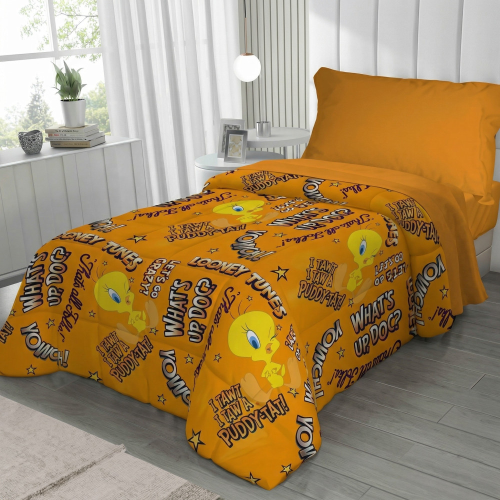 Einzelbettdecke für Kinder 170x250 Tweety Orange Looney Tunes – Leichte Decke 80 g/m² in Mikrofaser, hergestellt in Italien