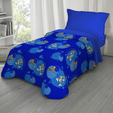 Kinder-Einzelbettdecke 170x250 Tom und Jerry Blue "TJ Bottle" – leichte Mikrofaserdecke 80 g/m², hergestellt in Italien