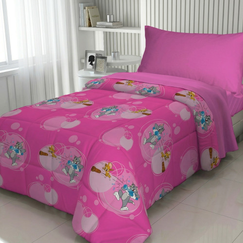 Copriletto Singolo Bambini 170x250 Tom and Jerry Rosa “TJ Bottle” – Trapuntino Leggero 80 g/m² in Microfibra, Made in Italy