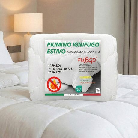 Piumino Estivo Ignifugo Classe 1IM, Microfibra Bianca, 100 g/m², Made in Italy, Linea Fuego