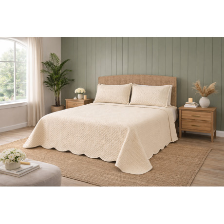 Venice Double Quilted Bedspread 250x250 Beige – Manopesca Microfiber, Checked Quilting, 100 g/m², Wave Edge