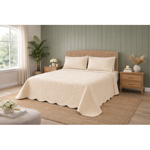 Couvre-lit double matelassé Venice 250x250 Beige – Microfibre Manopesca, matelassage à carreaux, 100 g/m², bord ondulé