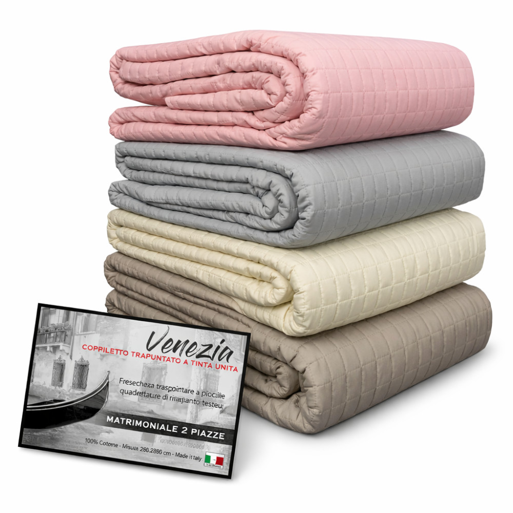 Venice Double Quilted Bedspread 250x250 Grey – Manopesca Microfiber, Checked Quilting, 100 g/m², Wave Edge