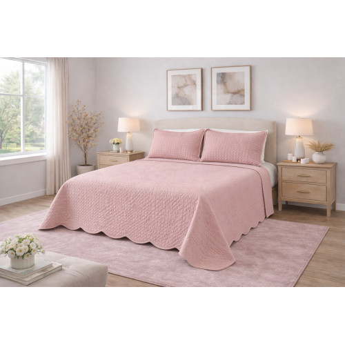 Couvre-lit double matelassé Venice 250x250 Rose – Microfibre Manopesca, Patchwork à carreaux, 100 g/m², bord ondulé