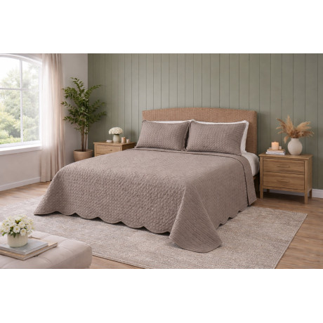 Colcha doble acolchada Venice 250x250 Taupe, Microfibra de melocotón, acolchado a cuadros, 100 g/m², borde ondulado