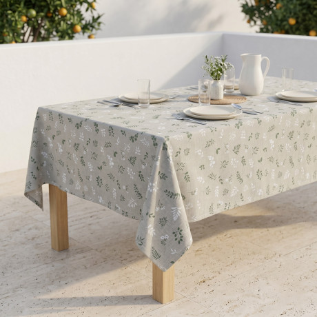 Tovaglia Dory Herbarium Tex Family, cotone pesante 80/20, stampa botanica verde salvia su fondo greige, 5 misure