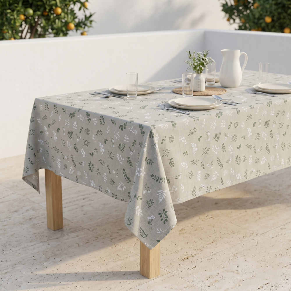 Tovaglia Dory Herbarium Tex Family, cotone pesante 80/20, stampa botanica verde salvia su fondo greige, 5 misure