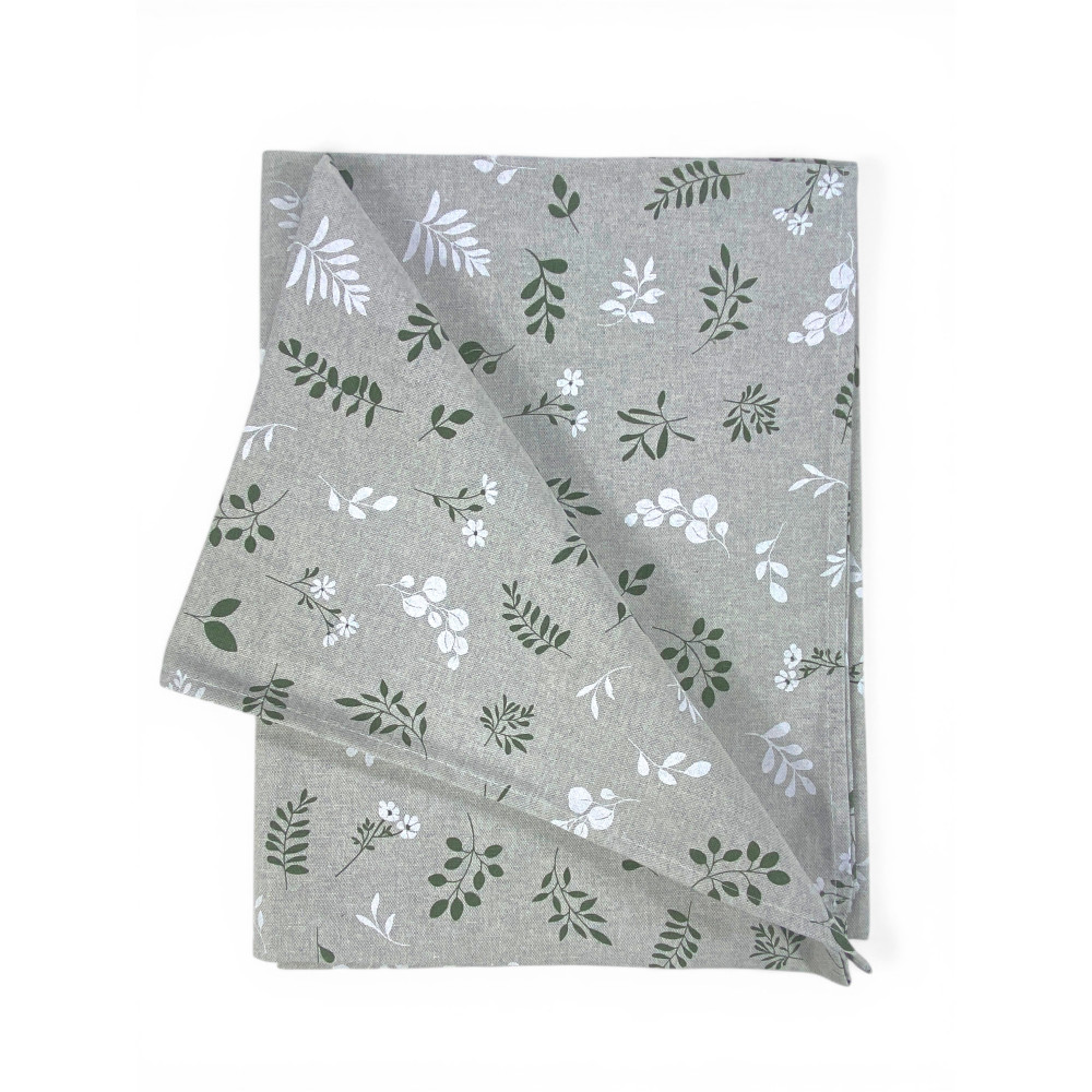 Tovaglia Dory Herbarium Tex Family, cotone pesante 80/20, stampa botanica verde salvia su fondo greige, 5 misure