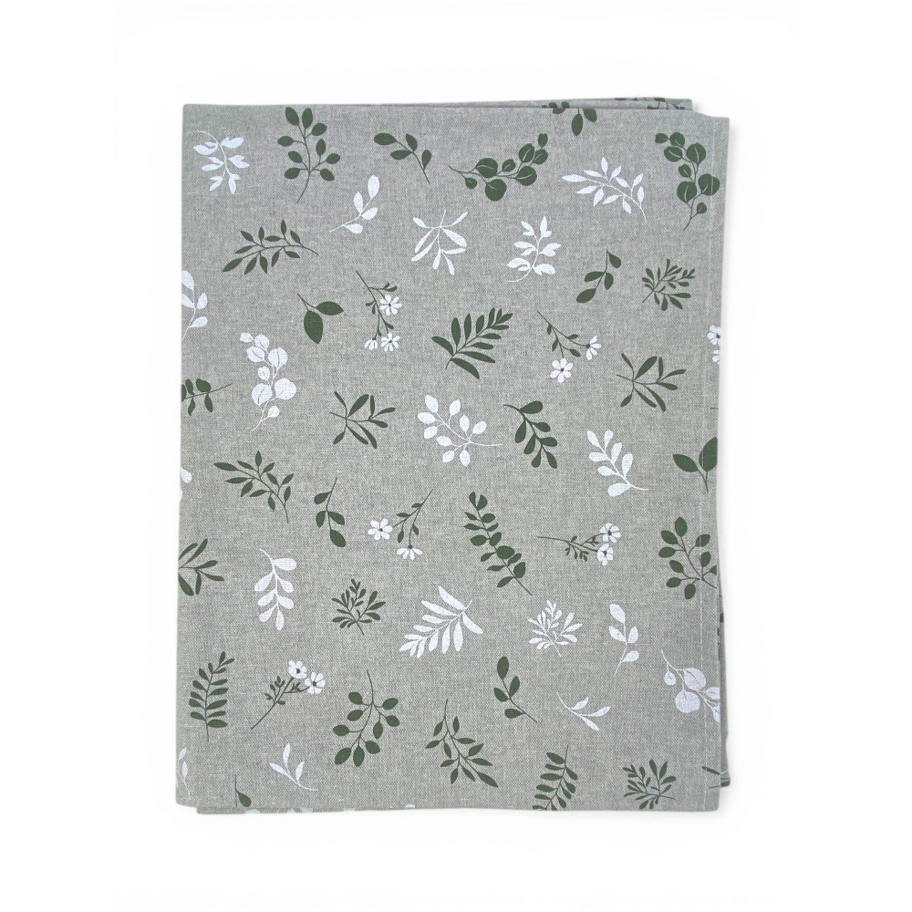 Tovaglia Dory Herbarium Tex Family, cotone pesante 80/20, stampa botanica verde salvia su fondo greige, 5 misure