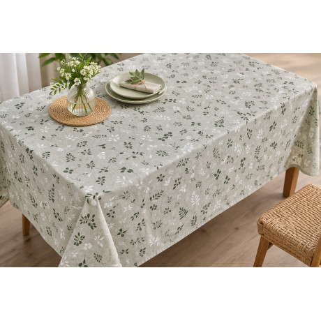 Tovaglia Dory Herbarium Tex Family, cotone pesante 80/20, stampa botanica verde salvia su fondo greige, 5 misure