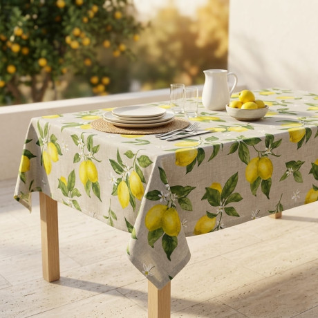Tovaglia Dory Sorisole Tex Family, cotone pesante 80/20, stampa limoni e foglie su fondo greige, 5 misure