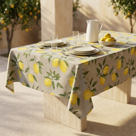 Tovaglia Dory Sorisole Tex Family, cotone pesante 80/20, stampa limoni e foglie su fondo greige, 5 misure