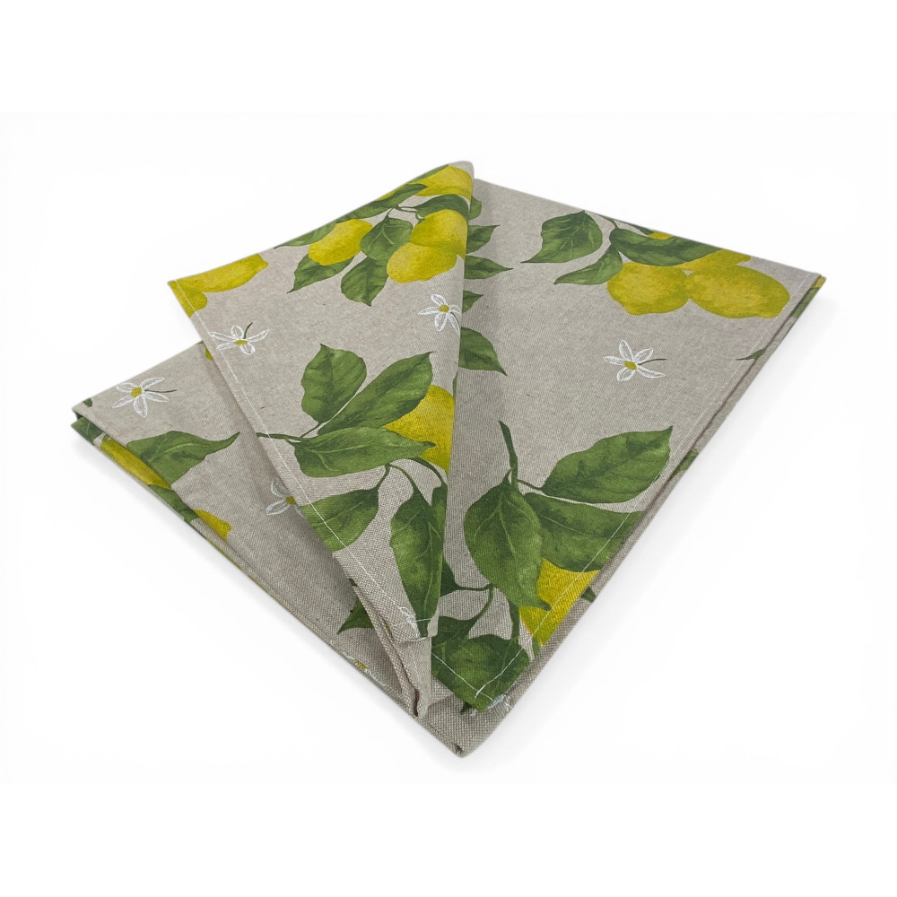 Tovaglia Dory Sorisole Tex Family, cotone pesante 80/20, stampa limoni e foglie su fondo greige, 5 misure