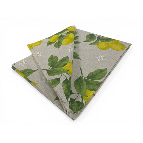 Tovaglia Dory Sorisole Tex Family, cotone pesante 80/20, stampa limoni e foglie su fondo greige, 5 misure